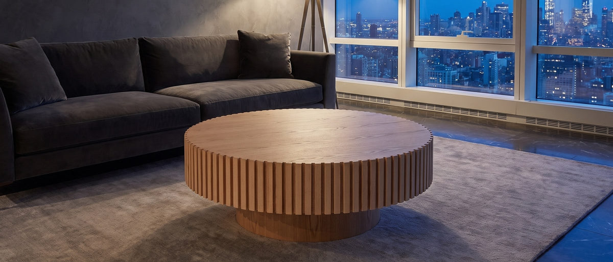 Pesaro Ash Veneer Fluted Pedestal Coffee Table in the room