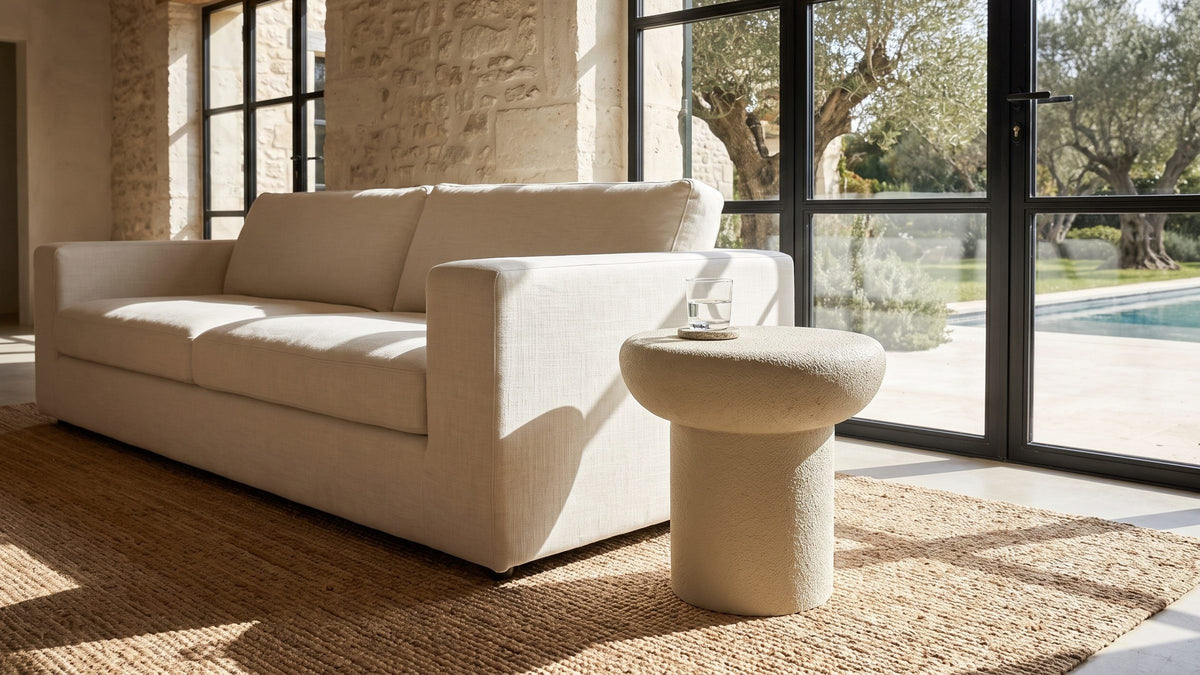 Pale, textured, rounded. - Pescocostanzo Cream Textured Fiberglass Mushroom Side Table