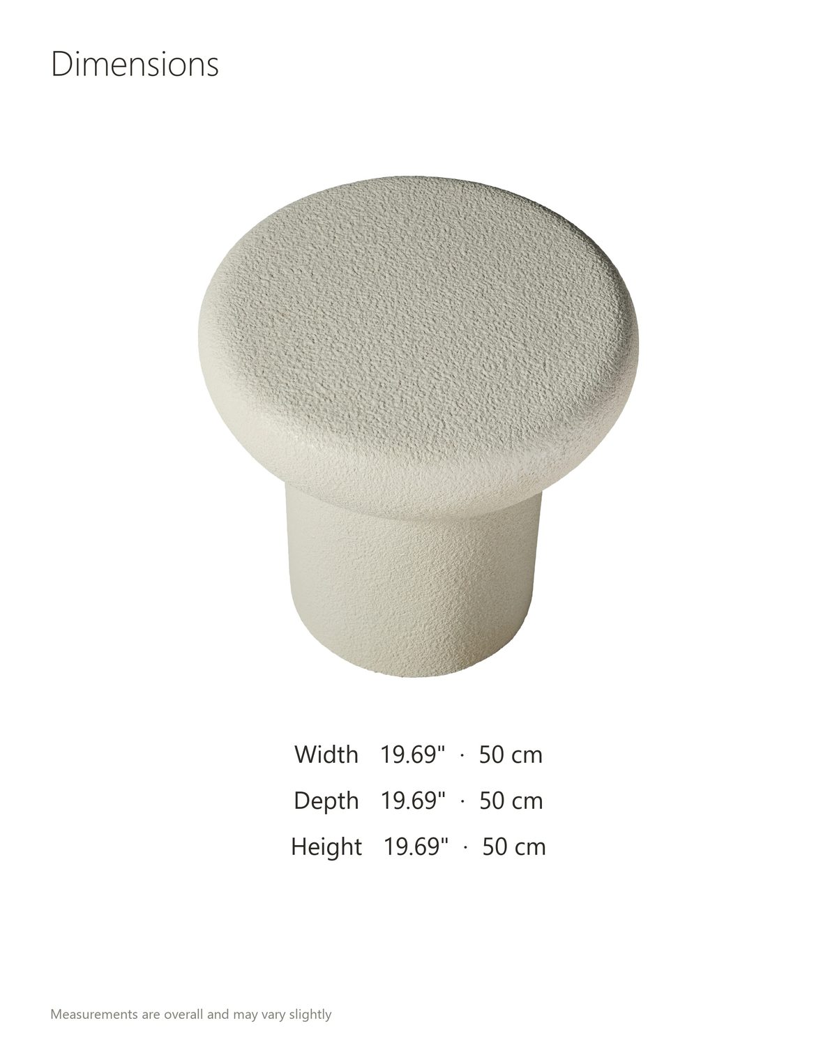 Pescocostanzo Cream Textured Fiberglass Mushroom Side Table dimensions: 19.69 in wide, 19.69 in deep, 19.69 in high