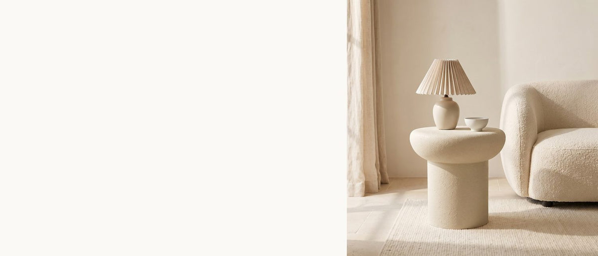 A soft cap on a solid column. - Pescocostanzo Cream Textured Fiberglass Mushroom Side Table