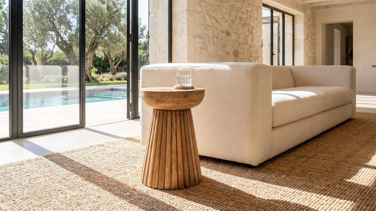 Warm wood, soft curves. - Petroio Fluted Mango Mushroom Side Table