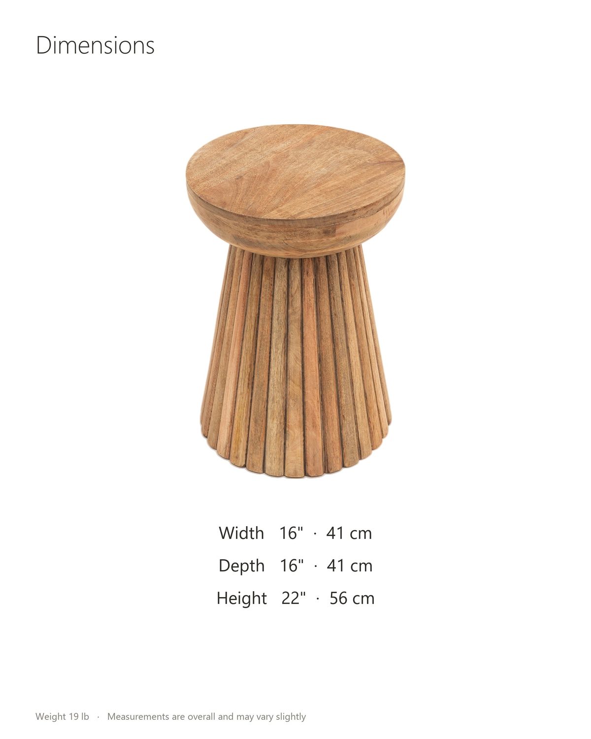 Petroio Fluted Mango Mushroom Side Table dimensions: 16 in wide, 16 in deep, 22 in high