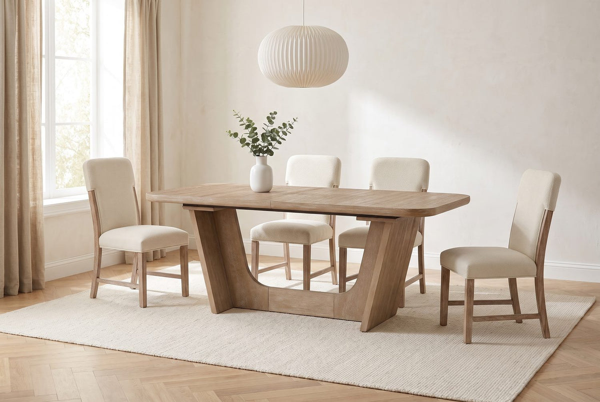 Pale oak, soft beige. - Picinisco 74-Inch Extendable Oak Veneer Dining Set with 4 Chairs
