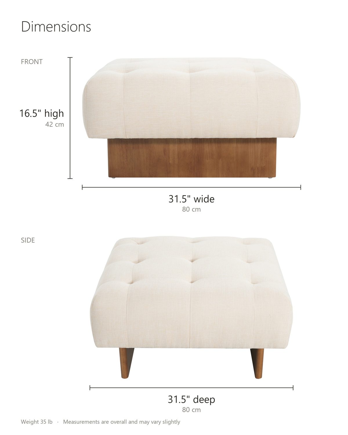 Pienza Tufted Ottoman dimensions: 31.5 in wide, 31.5 in deep, 16.5 in high