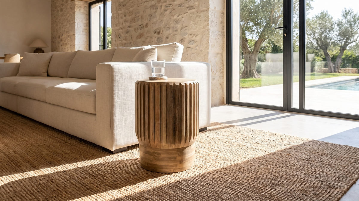 Warm wood, soft rhythm. - Pievepelago Natural Mango Fluted Drum Side Table