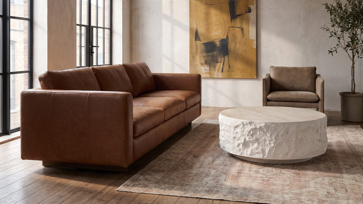 White texture at the centre. - Piombino Faux Travertine Fiberglass Drum Coffee Table