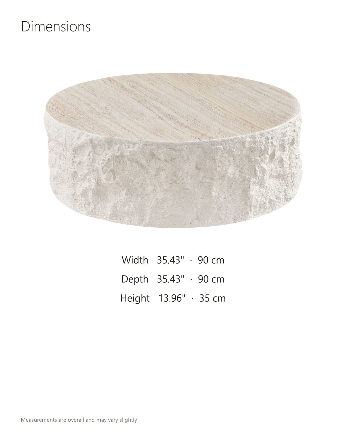 Piombino Faux Travertine Fiberglass Drum Coffee Table dimensions: 35.43 in wide, 35.43 in deep, 13.96 in high