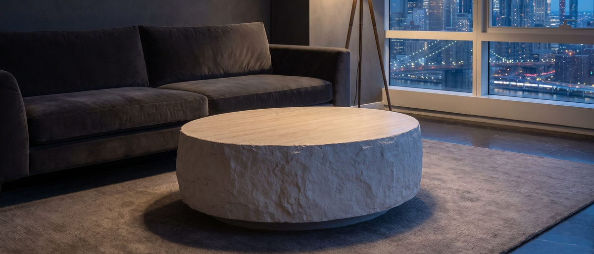 Piombino Faux Travertine Fiberglass Drum Coffee Table in the room