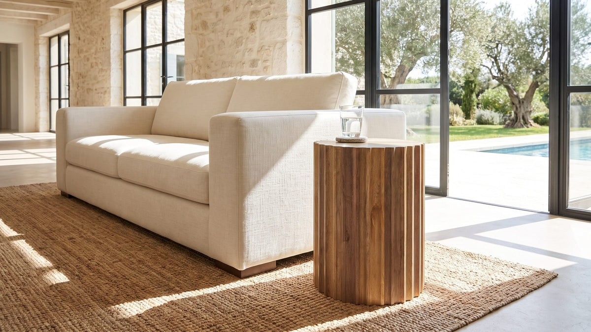 Warm stripes of mango. - Pisticci Solid Mango Fluted Drum Side Table