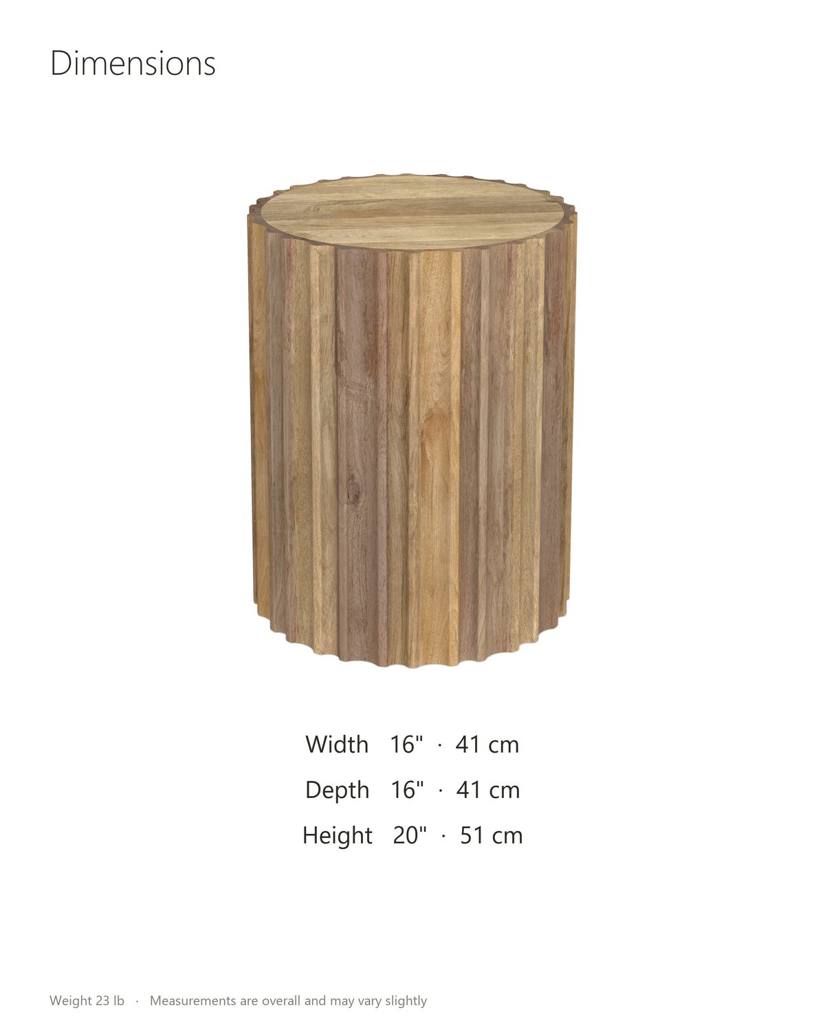 Pisticci Solid Mango Fluted Drum Side Table dimensions: 16 in wide, 16 in deep, 20 in high