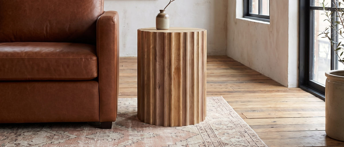 Pisticci Solid Mango Fluted Drum Side Table in the room