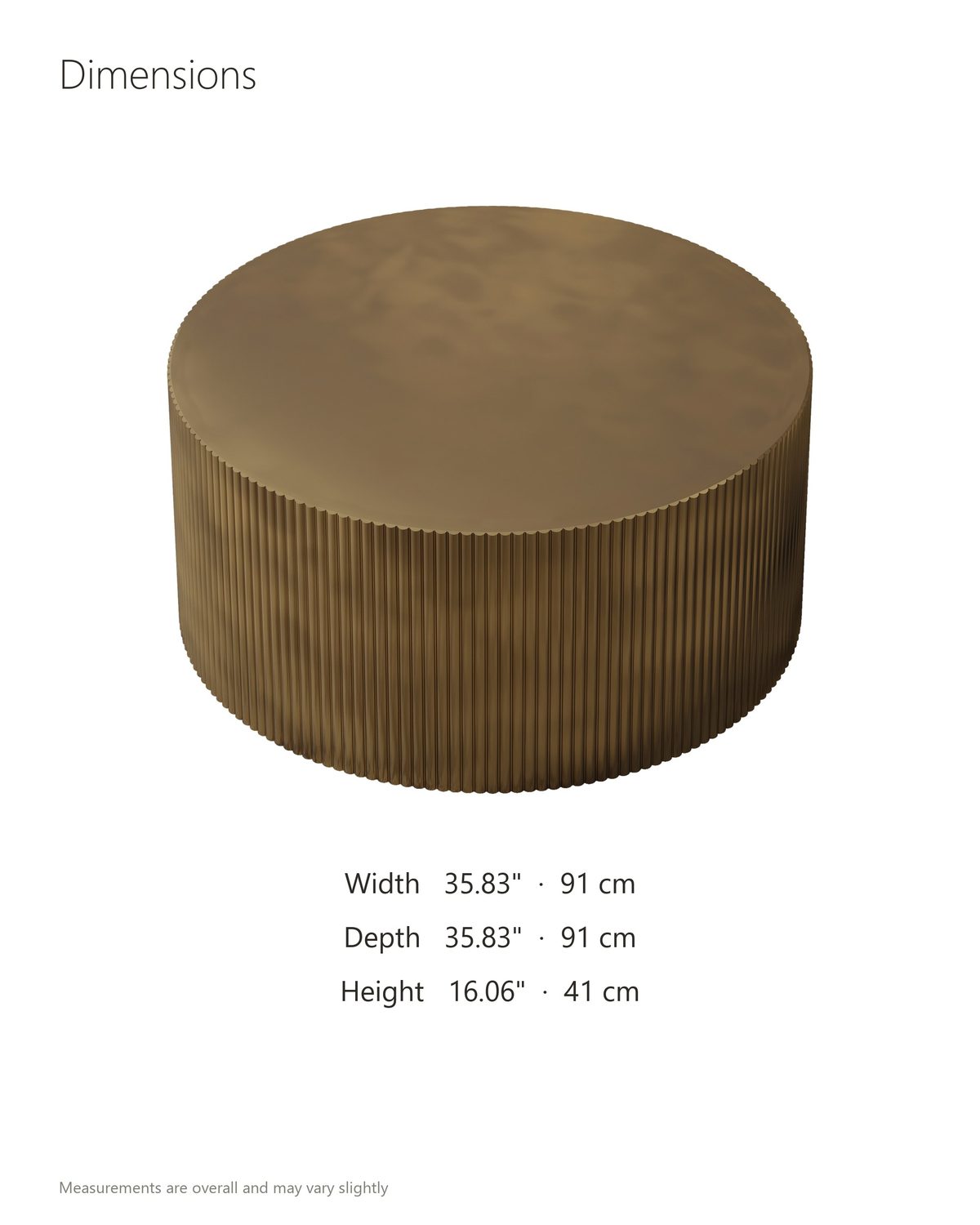 Pitigliano Brass-Finish Fluted Drum Coffee Table dimensions: 35.83 in wide, 35.83 in deep, 16.06 in high