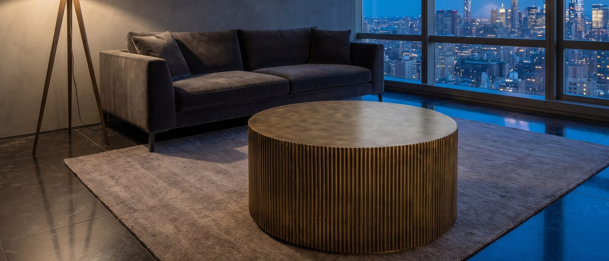 Pitigliano Brass-Finish Fluted Drum Coffee Table in the room