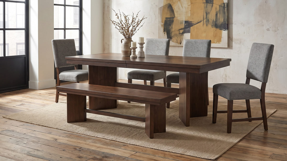 Dark walnut, soft grey. - Pizzo 76-Inch Walnut Veneer Extending Trestle Dining Set with Bench and 4 Chairs