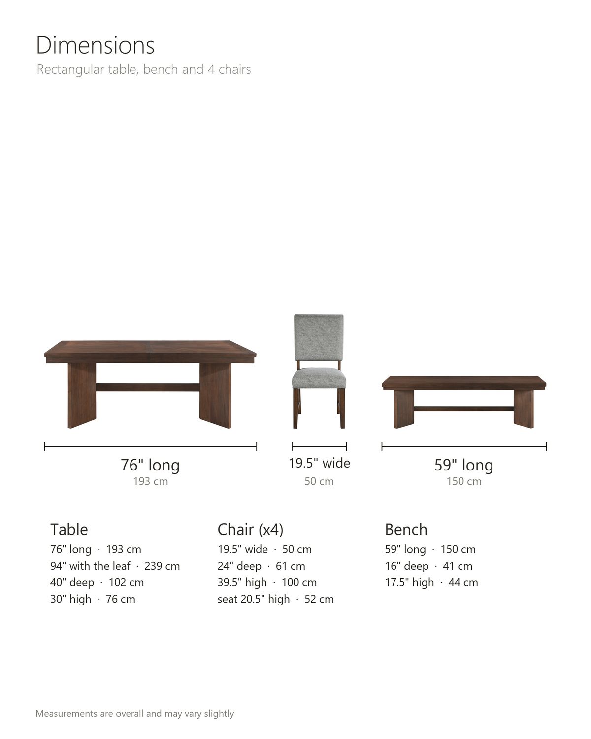 Pizzo dining set dimensions: rectangular table 76 in long (94 in with its 18 in self-storing leaf), 40 in wide and 30 in high, 26.5 in from the apron to the floor; bench 59 in long, 16 in deep and 17.5 in high; each side chair 19.5 in wide, 24 in deep and 39.5 in high, seat 20.5 in high