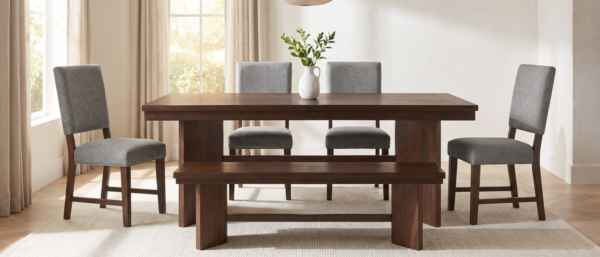 Pizzo 76-Inch Walnut Veneer Extending Trestle Dining Set with Bench and 4 Chairs in the room