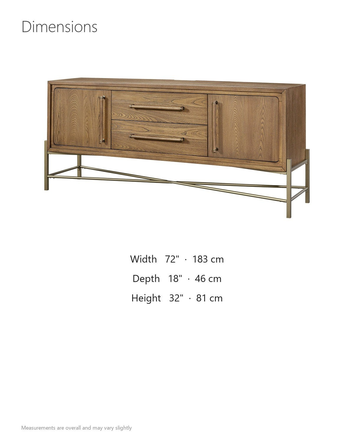Pizzoni 72-Inch 2-Door 2-Drawer Elm Veneer Sideboard with Metal Base dimensions