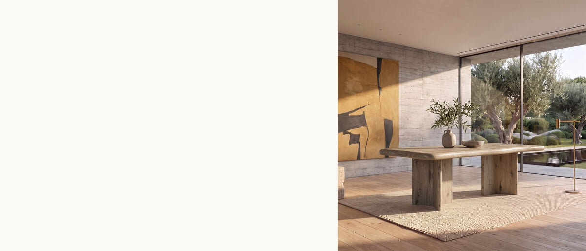 A softer shape for dinner. - Plataci 84-Inch Organic-Edge Knotty Oak Veneer Dining Table