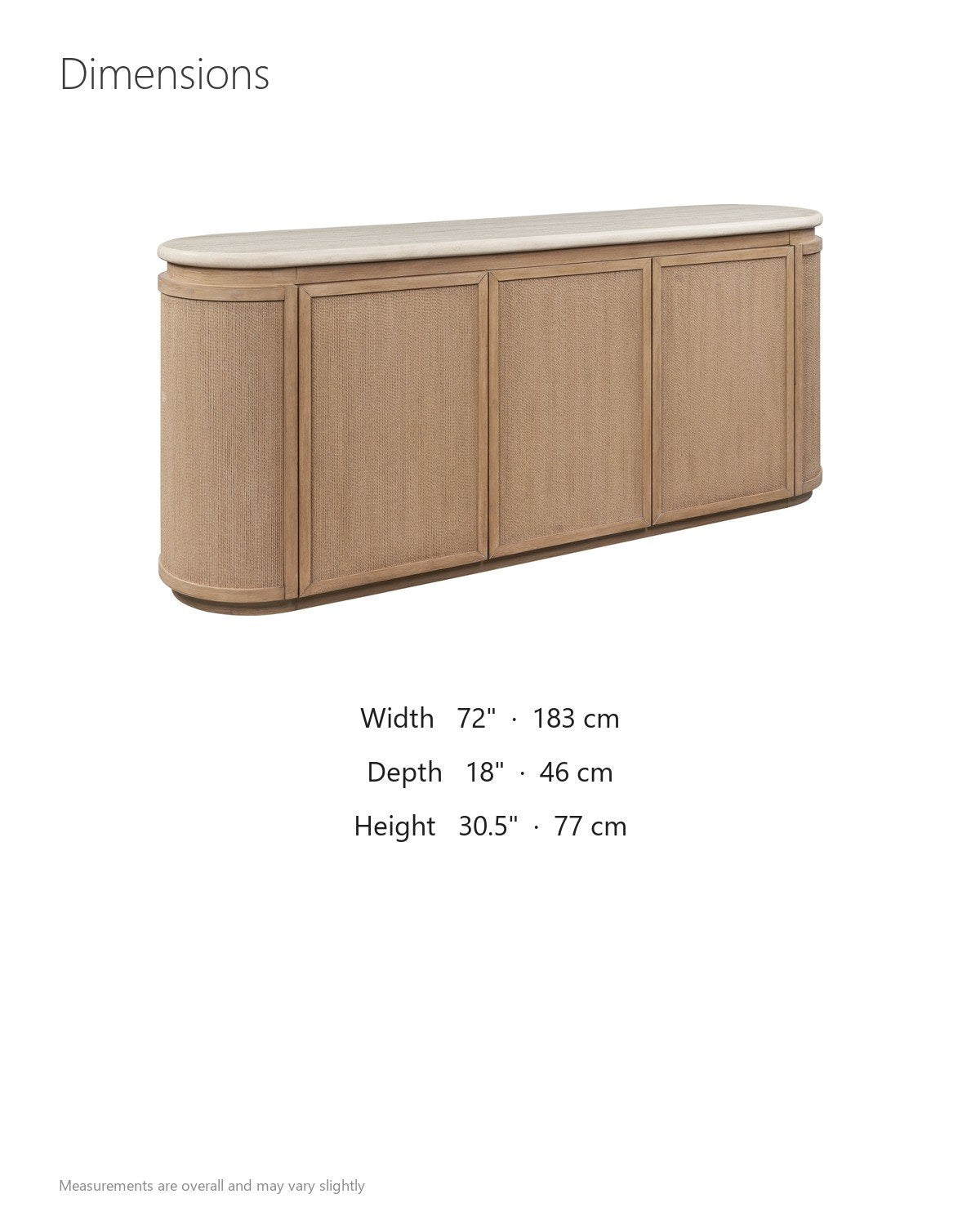 Polia 72-Inch 3-Door Rope-Front Oak Veneer Sideboard with Stone Top dimensions