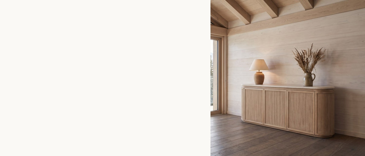 One soft outline, three textures. - Polia 72-Inch 3-Door Rope-Front Oak Veneer Sideboard with Stone Top