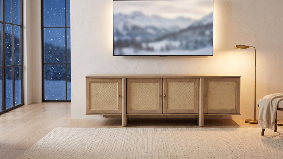 Polignano Oak and Cane Media Console in the room