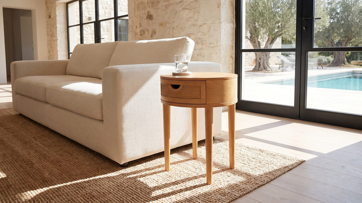 Warm wood and woven cane. - Pontedera Cane and Wood Round Side Table
