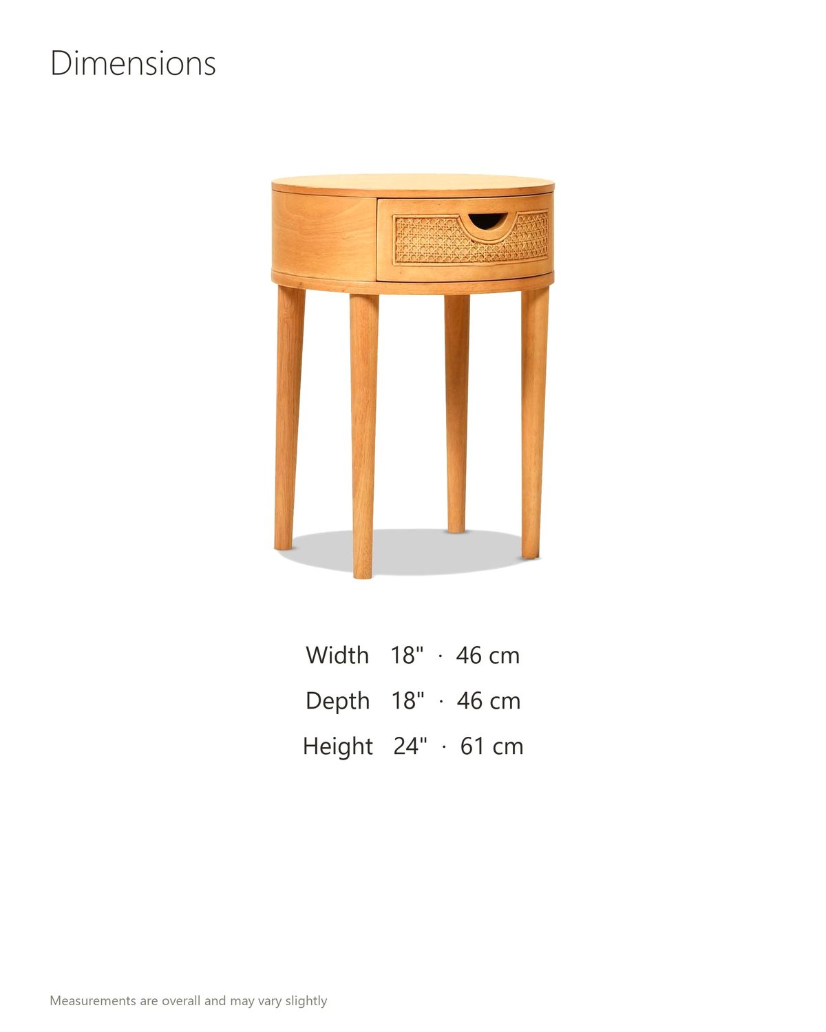 Pontedera Cane and Wood Round Side Table dimensions: 18 in wide, 18 in deep, 24 in high