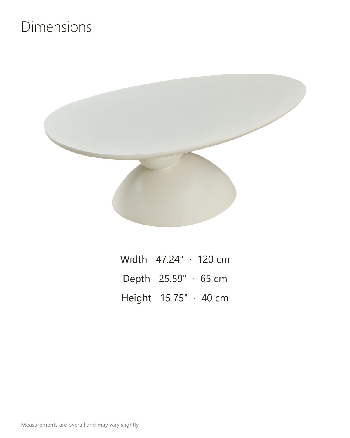 Ponza Milk White Fiberglass Pebble Coffee Table dimensions: 47.24 in wide, 25.59 in deep, 15.75 in high