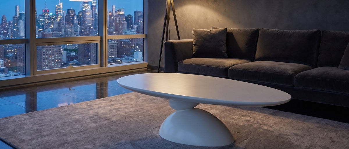 Ponza Milk White Fiberglass Pebble Coffee Table in the room