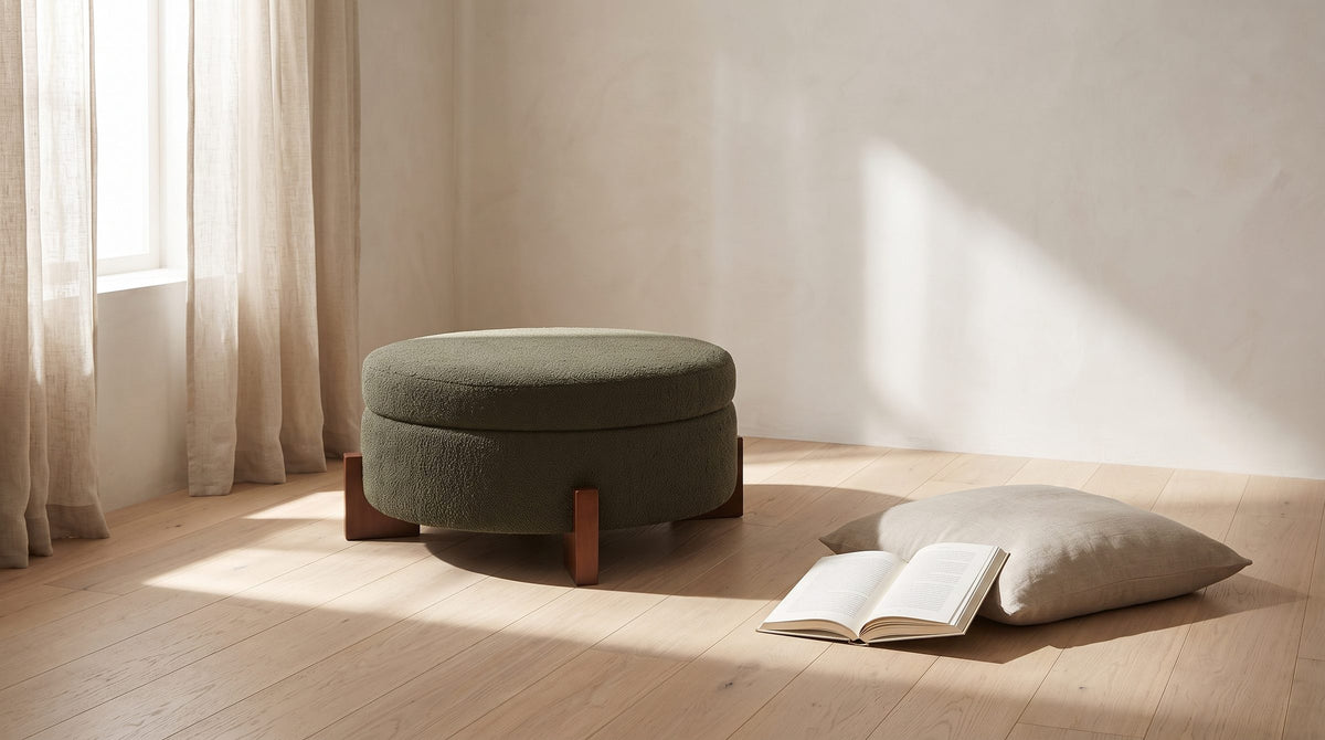 The middle of the room. - Portofino Round Storage Ottoman