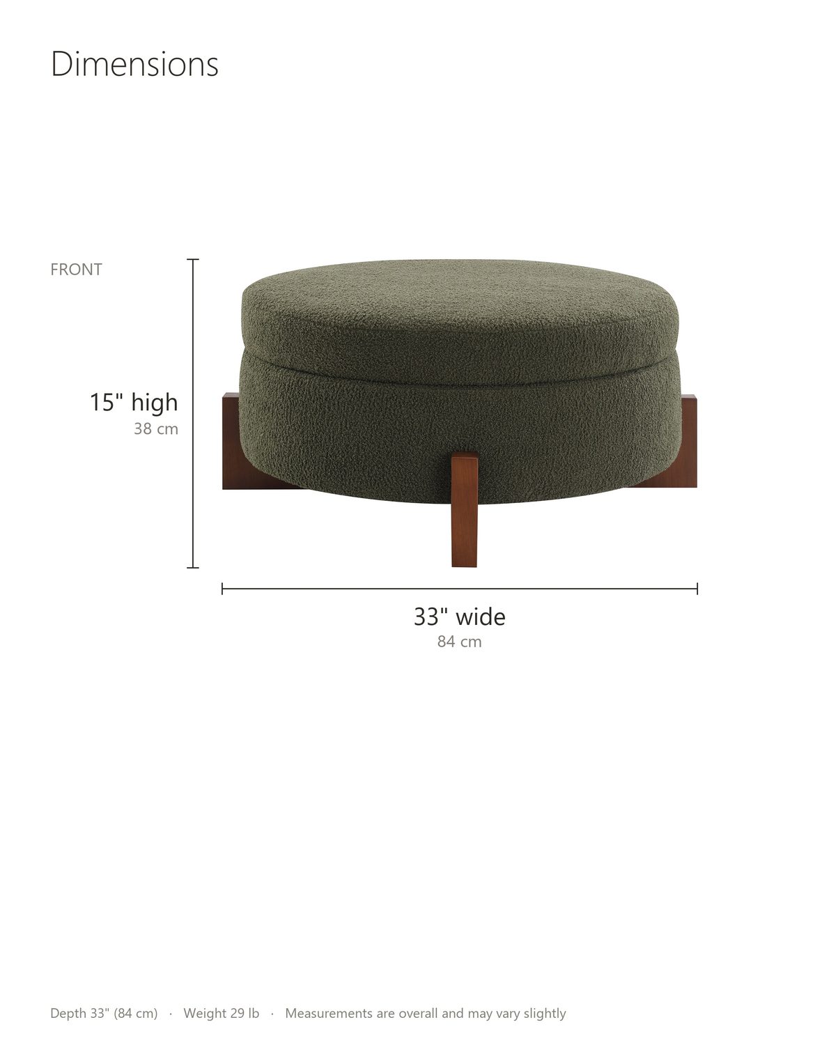 Portofino Round Storage Ottoman dimensions: 33 in wide, 33 in deep, 15 in high