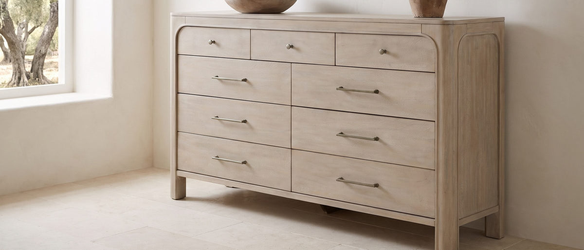 Weathered mango, gentle arches. - Portogruaro 70-Inch Weathered Mango 9-Drawer Dresser