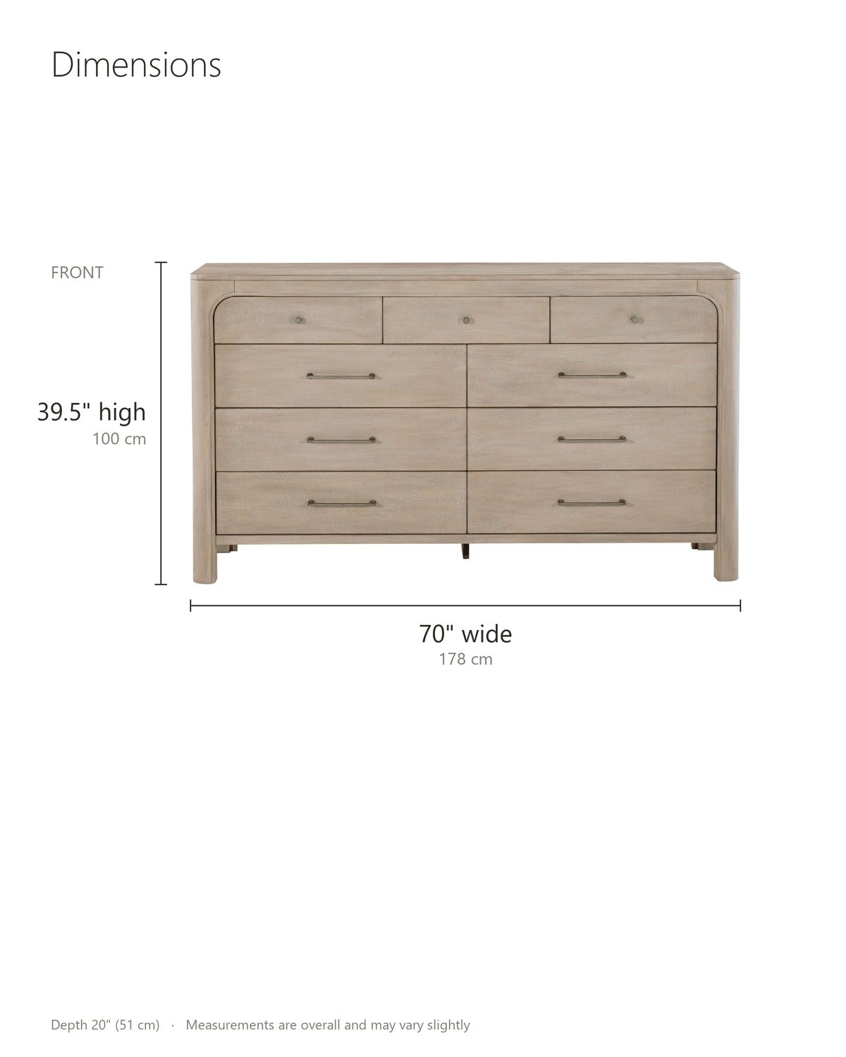 Portogruaro 70-Inch Weathered Mango 9-Drawer Dresser dimensions: 70 in wide, 20 in deep, 39.5 in high