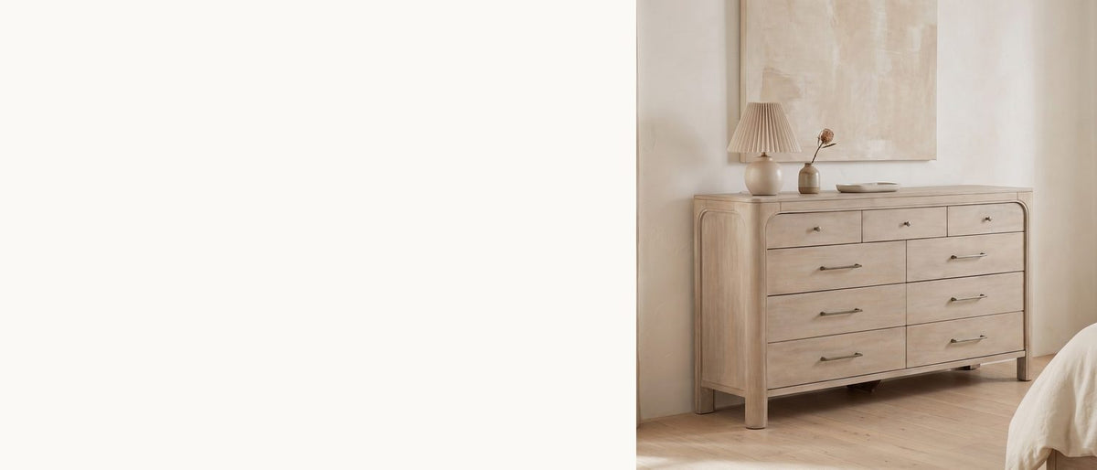 Soft arches, weathered mango. - Portogruaro 70-Inch Weathered Mango 9-Drawer Dresser