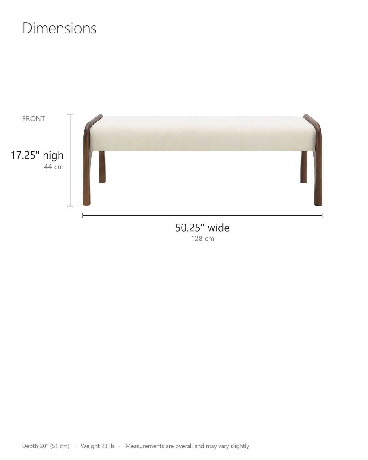 Positano Arch Bench dimensions: 50.25 in wide, 20 in deep, 17.25 in high