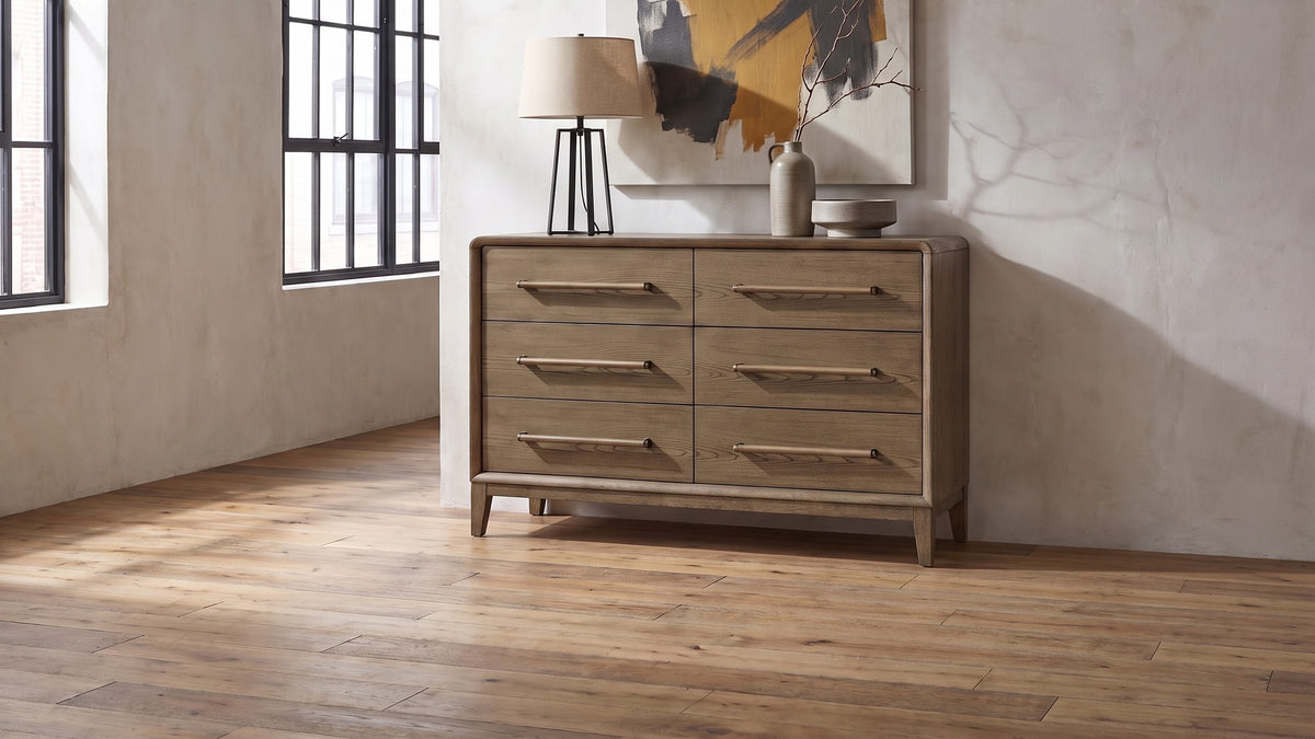 Latte elm, brass-tone loops. - Possagno 54-Inch Latte Elm 6-Drawer Dresser