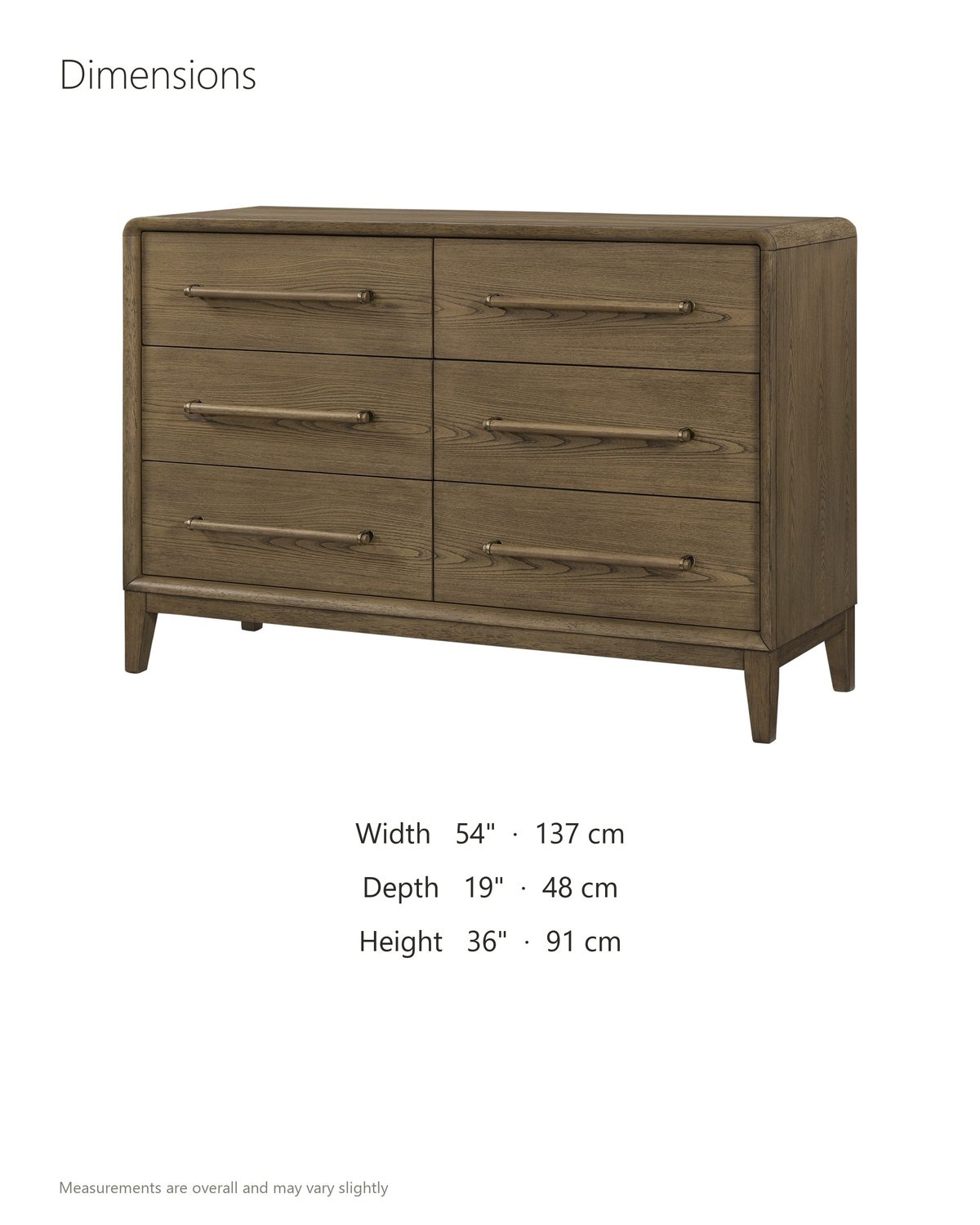 Possagno 54-Inch Latte Elm 6-Drawer Dresser dimensions: 54 in wide, 19 in deep, 36 in high
