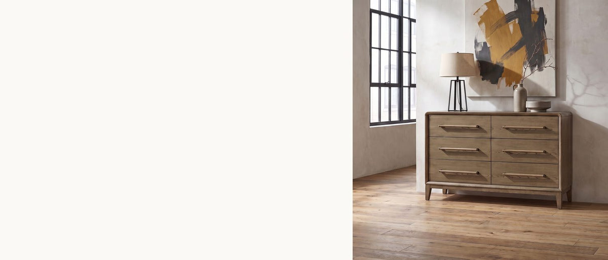 Soft corners, wooden pulls. - Possagno 54-Inch Latte Elm 6-Drawer Dresser