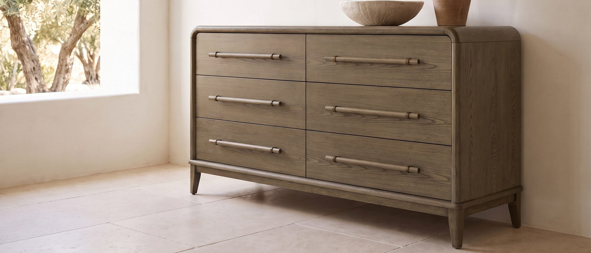 Possagno 54-Inch Latte Elm 6-Drawer Dresser in the room