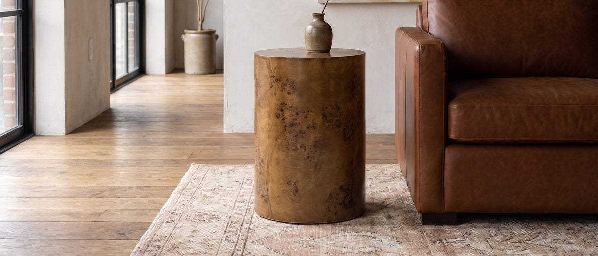 Potenza Walnut Burl Pillar Side Table in the room