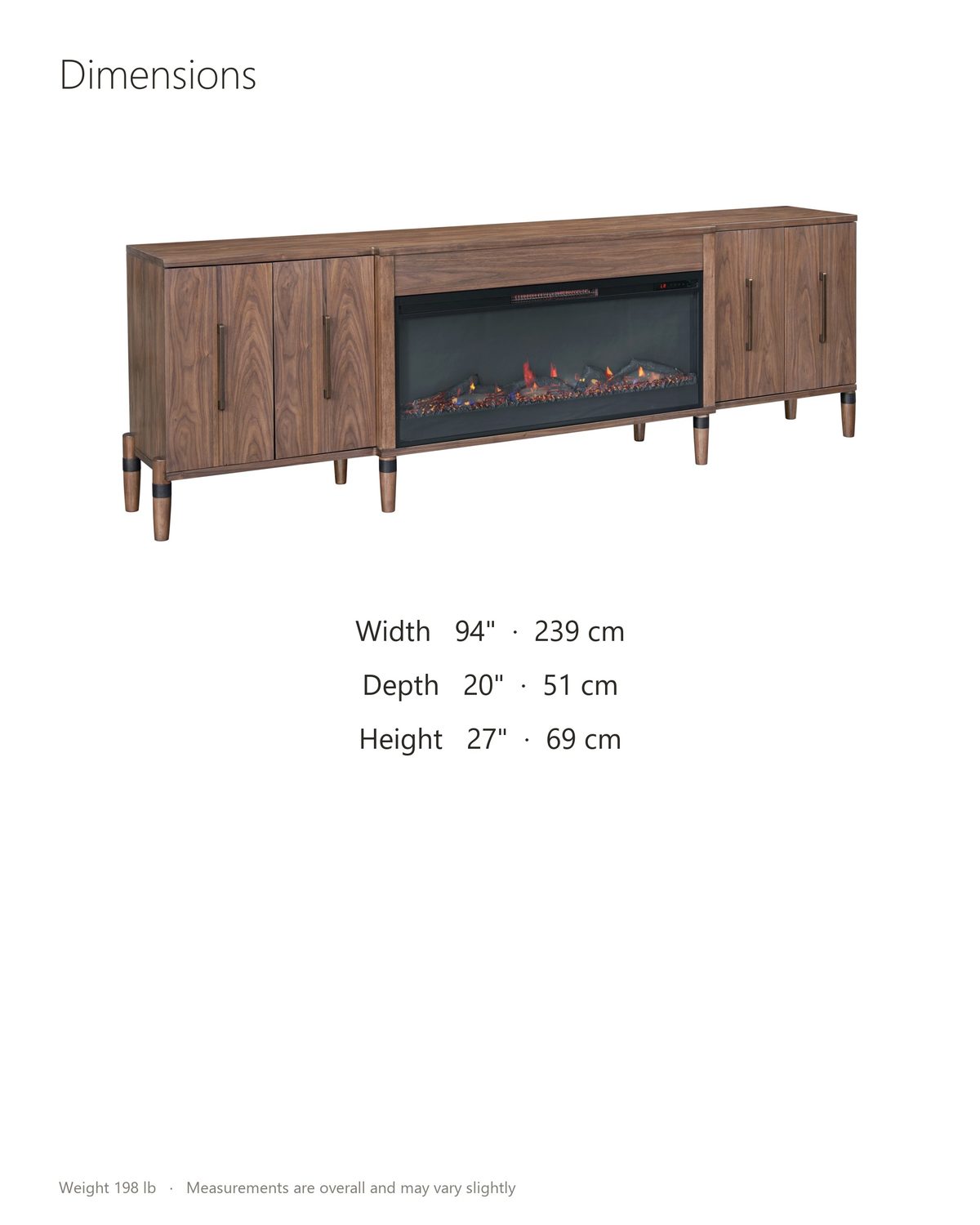 Praiano Walnut Fireplace Media Console dimensions: 94 in wide, 20 in deep, 27 in high
