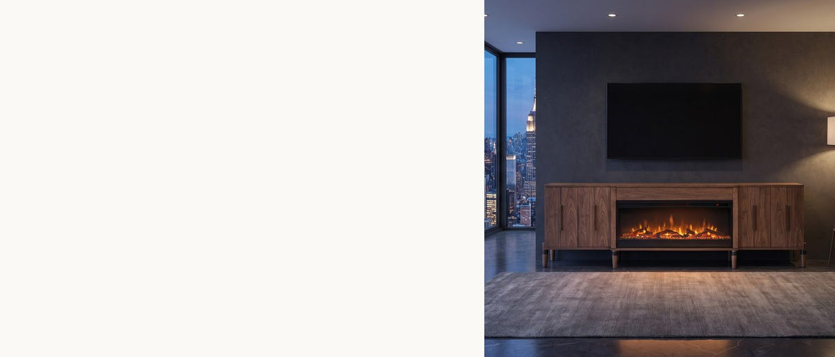 The fireplace wall, at 94 inches. - Praiano Walnut Fireplace Media Console
