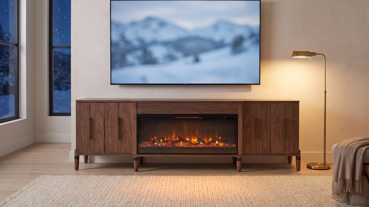 Praiano Walnut Fireplace Media Console in the room
