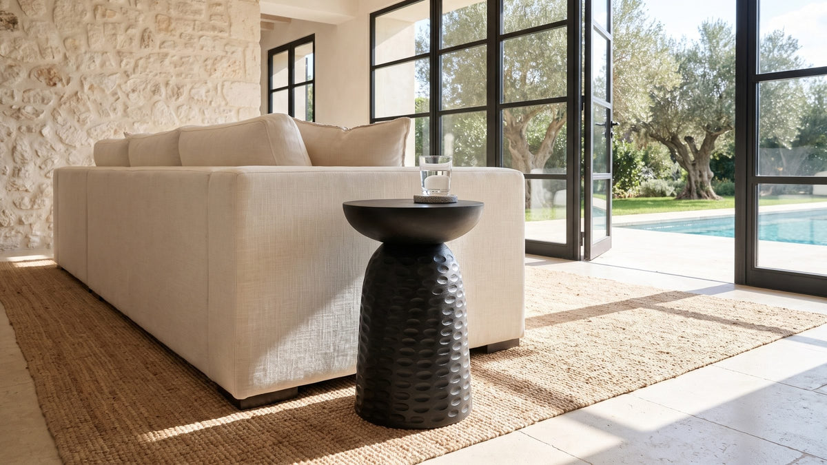 Texture, in black. - Presicce Black Mango Scalloped Pedestal Side Table