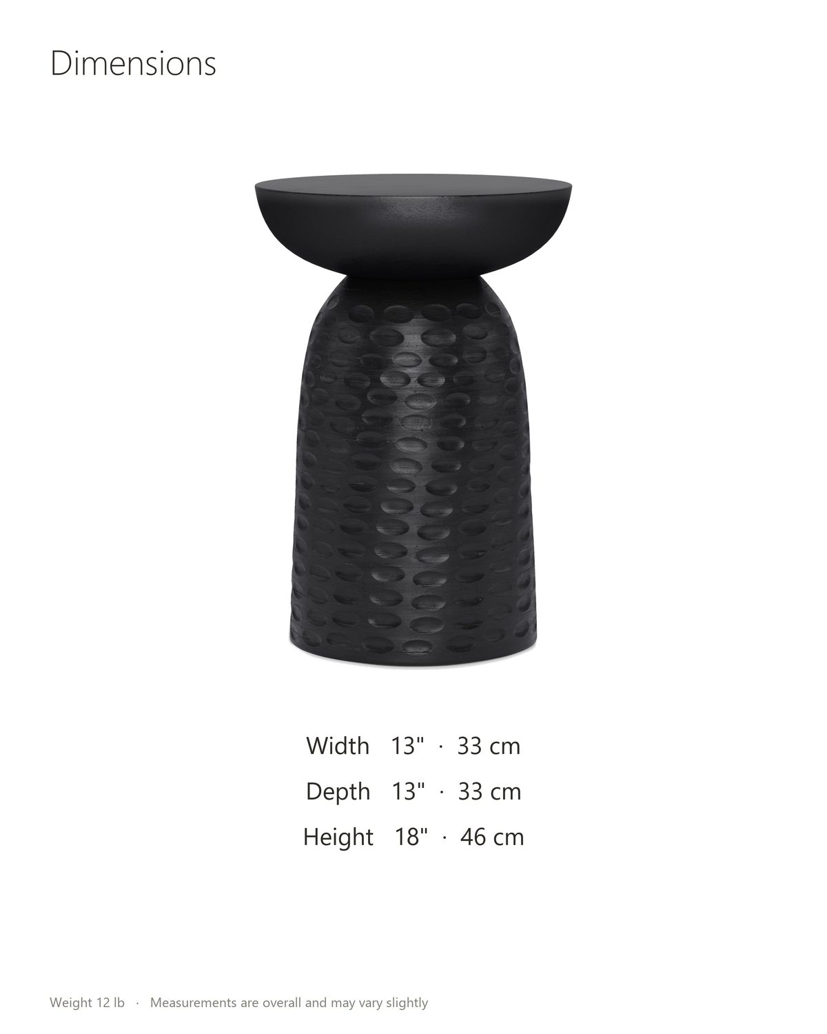 Presicce Black Mango Scalloped Pedestal Side Table dimensions: 13 in wide, 13 in deep, 18 in high