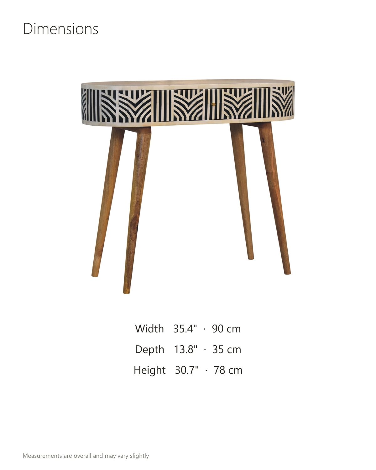 Pulsano Bone Inlay Oval Console Table dimensions: 35.4 in wide, 13.8 in deep, 30.7 in high