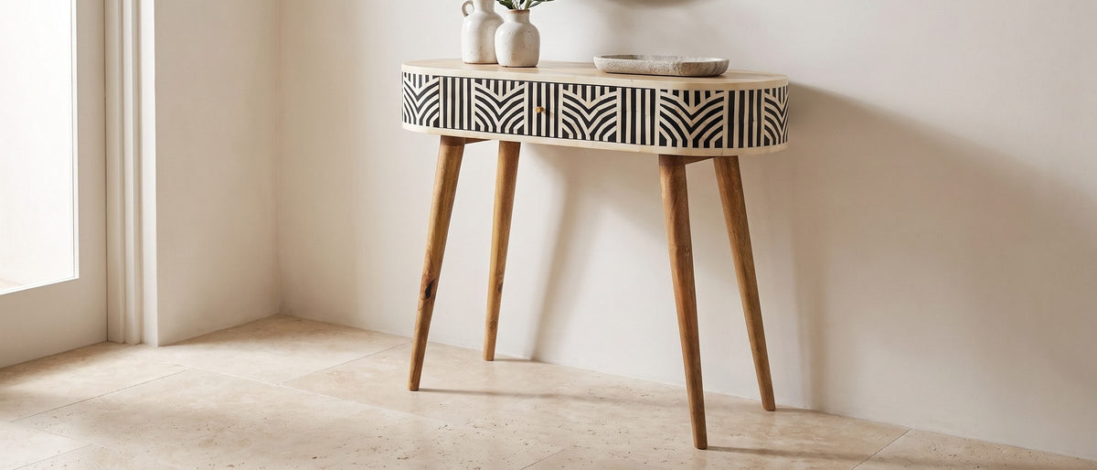 Pulsano Bone Inlay Oval Console Table in the room