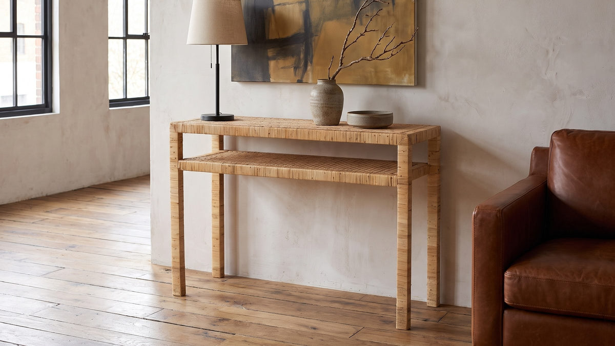 Light honey, open to the floor. - Putignano Wrapped Rattan Two-Tier Console Table