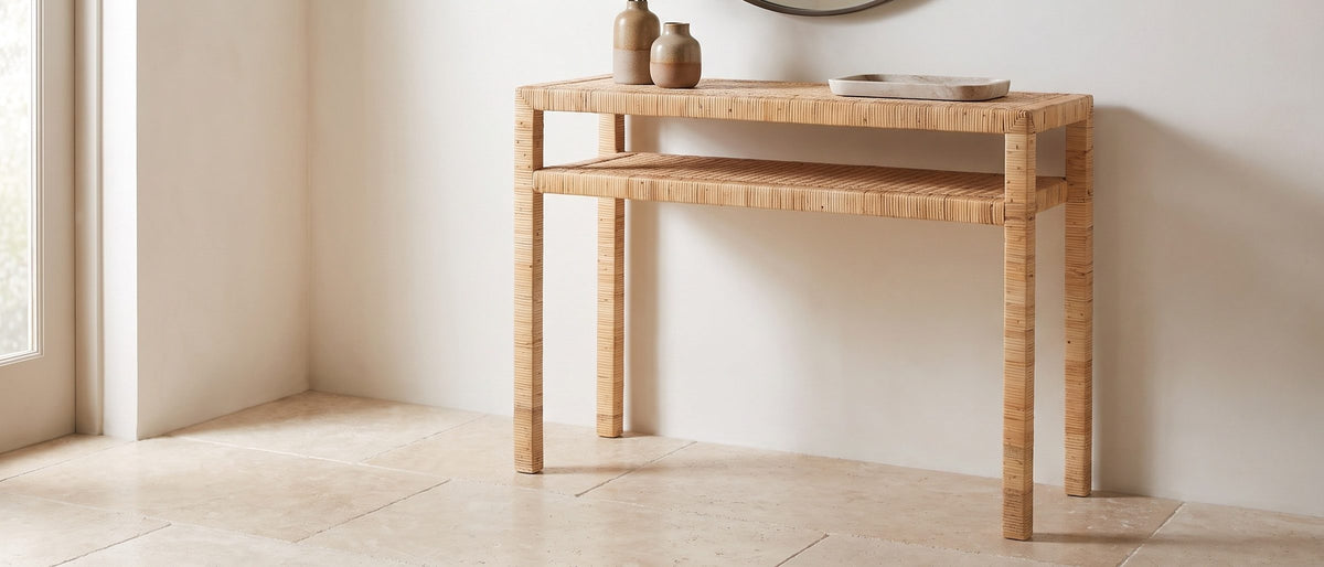 Putignano Wrapped Rattan Two-Tier Console Table in the room