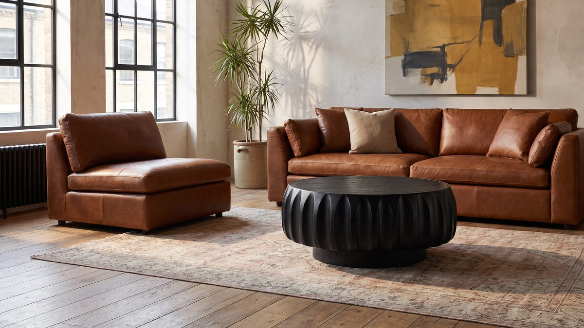 Texture, not colour. - Radda Black Carved Wood Drum Coffee Table
